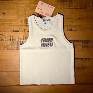 Miu Miu Cream Tank Top With Pink & Clear Rhinestones logo. Size Medium
